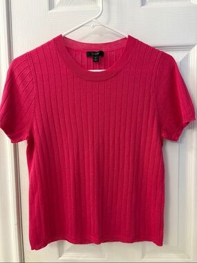 J.Crew Hot Pink Ribbed Short-Sleeve sweater Top. Size M, Silk and Cashmere